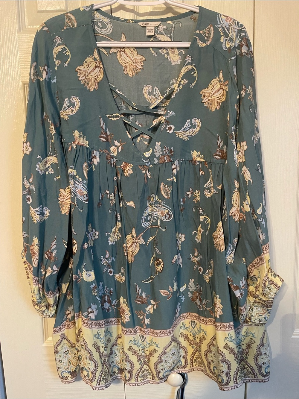 Cato Teal Paisley Print Top with Cream and Tan Accents
